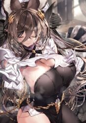 cleavage closed_eyes closed_mouth curvy galleon_(granblue_fantasy) granblue_fantasy huge_breasts smile steam steaming_body sweat sweat_fetish sweaty thick_thighs very_sweaty voluptuous wide_hips