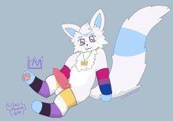 2025 absurd_res anthro balls bisexual_pride_colors blue_shiru_(lilacmonarch) bodily_fluids canid cheek_tuft clothing digital_drawing_(artwork) digital_media_(artwork) eeveelution facial_tuft fakemon footwear footwear_only forehead_gem fur fur_markings gem genital_fluids genitals hi_res infineon jewelry knot lgbt_pride lgbt_pride_month lilacmonarch looking_at_viewer male mammal markings mostly_nude necklace nintendo nonbinary_(lore) nonbinary_pride_colors penis pokemon pokemon_(species) precum pride_colors sitting socks socks_only solo tail tuft