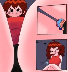 artist_name background big_breasts boyfriend_(friday_night_funkin) brown_hair cleavage comic friday_night_funkin giantess giantesseddi heart holding_onto_panties huge_thighs long_hair looking_down panties satisfied skirt smug squished_between_thighs struggling tiny