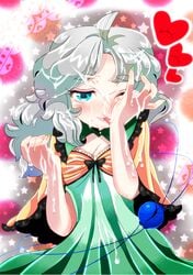 blue_eyes cum eyeball eyelashes facial grey_hair heart high_resolution koishi_komeiji licking nail_polish silver_hair solo tongue touhou wink yukimimi