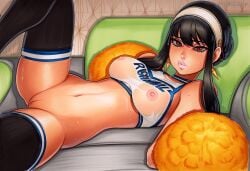 2025 ai_generated artist_name black_hair breasts crazyfishbones female hairband large_breasts long_hair lying nipples solo thighhighs yor_briar