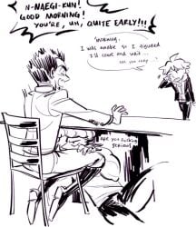 ass blowjob blowjob_under_table caught caught_in_the_act clothed clothing danganronpa danganronpa:_trigger_happy_havoc dialogue gay gay_blowjob gay_male kiyotaka_ishimaru male male/male male_focus male_only mondo_oowada naegi_makoto pants_down public public_blowjob public_indecency public_nudity sucking sucking_penis under_the_table yaoi