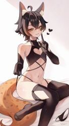 1boy 2d akumana animal_ears blush boob_window brown_hair crossdressing dyed_hair eyeliner eyeshadow femboy freckles garter_straps gloves hazel_eyes hyena midriff panties partially_clothed solo tail thighhighs twink two_tone_hair
