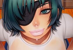2025 ai_generated artist_name blue_hair crazyfishbones face female green_hair hair_over_one_eye himeno_(chainsaw_man) looking_at_viewer shirt short_hair smile solo