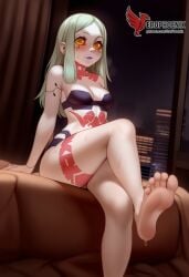 1girls 2d ai_generated ass back bare_shoulders barefoot big_ass bra cyberpunk:_(edgerunners) cyberpunk_2077 erophoenix female female_focus full_body green_hair long_hair looking_at_viewer pale_skin pale_skinned_female panties patreon_username rebecca_(edgerunners) red_eyes red_sclera sitting small_breasts smile soles solo tattoo thick thick_thighs uncensored underwear yellow_eyes