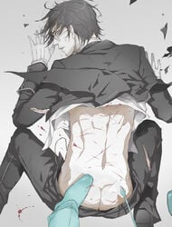 artist_request ass black_hair blood claude_faustus glasses gloves kuroshitsuji suit torn_clothes yaoi yellow_eyes