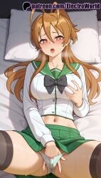 1girls 2025 ai_generated artist_name bed bed_sheet bedroom black_legwear blush breasts breasts breasts brown_hair bust chest cushion electroworld female fingering futon grabbing_own_breast green_skirt head_on_pillow hi_res high_quality high_resolution highres highschool_of_the_dead laying_down legs_apart legs_spread long_hair lying lying_on_back masturbation navel on_back on_bed open_legs open_mouth panties patreon patreon_username pillow pillow_grab rei_miyamoto school_uniform self_fondle skirt solo splayed_legs spread_legs stable_diffusion sweat thighhighs underwear watermark