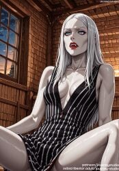 2boys ai_generated bare_shoulders blue_eyes blush breasts carmilla_(castlevania) castlevania castlevania_(netflix) cleavage clothing english_text erection eyeshadow fellatio female female fingernails group_sex jousneystudio large_penis lips long_fingernails long_hair looking_at_viewer makeup male male_pov mascara mmf_threesome multiple_boys multiple_penises nail_polish nose oral original pale_skin penis pointy_ears red_lips red_nails runny_makeup saliva sharp_fingernails solo_focus straight threesome trembling vampire veins veiny_penis white_hair