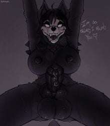 absurd_res animal_genitalia animal_penis anthro areola biped black_body black_fur bone breasts canine_genitalia canine_penis dialogue duo erection fangs first_person_view fur genitals gynomorph heart_symbol hi_res hollow_eyes intersex knot male malo multicolored_body nipples penis scp-1471-a scp_foundation seraziel sheath simple_background skull skull_head solo_focus teeth white_body white_eyes
