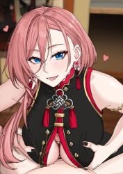 absurdres black_dress black_nails blue_eyes blurry blurry_background blush breasts china_dress chinese_clothes commentary dress earrings english_commentary female hair_between_eyes heart highres hololive jewelry kuon_bb long_hair paizuri penis pink_hair smile solo takane_lui tassel tassel_earrings virtual_youtuber