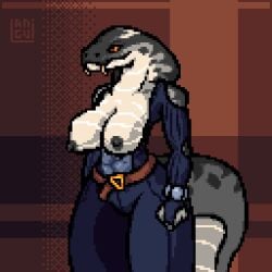 animated belt breasts brown_background clothed fangs fangs_out female female_focus female_only grabbing_clothing langui looking_at_viewer nipples nude pussy red_eyes snake snake_girl snake_hood snake_tail snake_tongue standing stripping tagme video zipper zipper_down