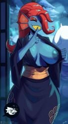 2025 2girls alphys blue_body breasts closed_eyes dinosaur eyepatch female female_only fish fish_girl flashing_breasts furry hair_over_one_eye kimono kimono_open kimono_pull lyorenth-the-dragon nipples ponytail red_eyeshadow red_hair reptile scalie shushing tied_hair toby_fox undertale undertale_(series) undyne wide_hips yellow_teeth
