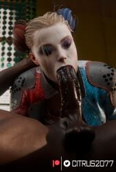1boy 1girls 3d 3d_(artwork) balls batman_(series) big_penis blonde_hair blowjob breasts citrus2077 closed_eyes clothed_female_nude_male clothes clown_girl clown_makeup copyright_name dark-skinned_male dc dc_comics detailed_background erect_penis erection fellatio female harley_quinn harley_quinn_(suicide_squad_game) jacket light-skinned_female male naked naked_male nude nude_male oral oral_sex penis penis_in_mouth suicide_squad:_kill_the_justice_league twintails unseen_male_face