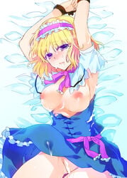 1girls after_rape alice_margatroid arms_up blonde_hair blue_eyes blush bound_arms bound_wrists breasts capelet clothed_rape cum cum_on_body cum_on_breasts cum_on_upper_body female hairband helpless narumi_(momo27) nipples no_panties rape short_hair solo touhou