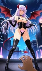 1boy ai_generated bangs bare_shoulders bat_wings bikini black_bikini black_choker black_footwear black_gloves black_legwear black_leotard black_thighhighs blush boots breasts building choker city cityscape cleavage clothing corset demon_girl demon_horns demon_tail demon_wings dominatrix elbow_gloves female female footwear full_moon gloves heart heart_tattoo high_heel_boots high_heels highleg holding holding_whip horns large_breasts legwear leotard long_hair looking_at_viewer male moon navel night night_sky outdoors pov_hands pubic_tattoo purple_hair red_eyes shoes sky smile solo_focus standing straight succubus swimsuit tail tattoo thigh_boots thighhighs thighs wings