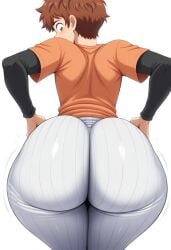 1boy ai_generated ass big_ass blackwhiplash_(style) brown_eyes brown_hair bubble_butt femboy huge_ass kanojo_okarishimasu kinoshita_kazuya male pants pinstripe_pattern short_hair simple_background tight_pants twink