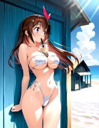 1girls ai_generated beach belly belly_button between_breasts blue_eyes boba_tea breast_hold breast_squish brown_hair drink eyepatch_bikini female hololive large_breasts long_hair navel partially_visible_vulva pussy_peek thick_thighs tokino_sora virtual_youtuber white_bikini wide_hips