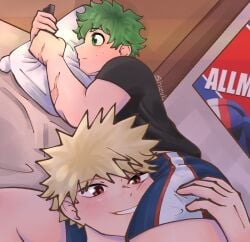 bakudeku bakugou_katsuki bed blonde_hair boku_no_hero_academia bones_(company) cellphone freckles green_eyes green_hair head_in_legs izuku_midoriya katsuki_bakugou legs lying messy_hair midoriya_izuku my_hero_academia on_bed pillow poster_(object) red_eyes scar scar_on_arm shirt shizuki-chan5 shounen_jump smile spiked_hair underwear