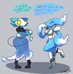black_body cat_ears catgirl chabble deltarune miss_mizzle_(deltarune) outfit_swap plug_tail see-through see-through_clothing simple_shading tagme tasque_manager_(deltarune) text wardrobe_malfunction water water_hair yellow_eyes