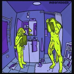 1:1 animal_genitalia animal_penis anthro artist_name balls bathroom blush brush domestic_cat dripping equid equine_genitalia equine_penis erection felid feline felis first_person_view fisheye_lens floor genitals green_body group hair holding_object holding_towel kinkykikker long_hair looking_at_genitalia looking_at_penis mammal mirror nude penis penis_size_difference shower text tile tile_floor toothbrush towel towel_rack trio wet wet_body