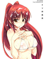 1girls :p bikini bikini_top blush breasts brown_eyes check_translation cum cum_on_body cum_on_breasts cum_on_hair cum_on_upper_body facial female huge_breasts kousaka_tamaki large_breasts long_hair nipples qp:flapper red_hair see-through simple_background solo sweat swimsuit tear to_heart_(series) to_heart_2 tongue translated