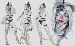 animal_humanoid areola blush breasts claws closed_eyes clothed clothing colored_nails digitigrade exposed_breasts felid felid_humanoid feline feline_humanoid female finger_claws fishnet_clothing fishnet_legwear front_view fur hair hi_res humanoid inner_ear_fluff kiguri legwear lips lipstick makeup mammal mammal_humanoid multicolored_eyes multicolored_hair multiple_poses nails panties partially_clothed ponytail pose rear_view side_view simple_background smile smirk solo tail tailed_humanoid teeth toe_claws tuft underwear white_body white_fur white_skin