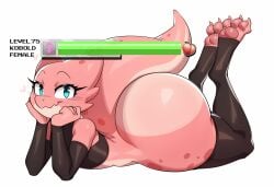 1girls adventurer big_tail booty crop_top dat_ass dat_butt detached_sleeves dumb dumb_girl feet female gameplay_mechanics giant_ass hp_bar huge_ass kobold level_number oblivious oc original_character pawpads paws pink_body pink_skin presenting scalie solo tail teasing the_pose thick_ass thick_thighs thighhighs wide_hips