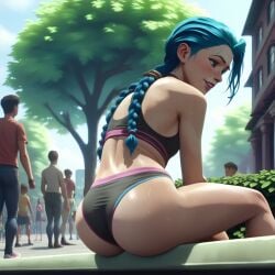 2025 ai_generated arcane arcane_jinx ass bench blue_hair bra breasts female hi_res high_quality jinx_(arcane) jinx_(league_of_legends) league_of_legends legs panties park park_bench people_in_background sitting solo sports_bra sports_panties stable_diffusion straight sweat tagme thighs underwear yum_butt