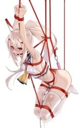 anal_hook bondage gag hands_behind_head long_hair pussy_juice_drip thighhighs vibrator white_hair