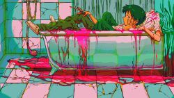 2boys bath bath_of_blood black_pants blood blood_on_clothes blood_splatter boxcutter crack cracked_floor cracked_wall decapitation fishcoooo guro headless highres holding holding_weapon ikari_shinji male_focus multiple_boys nagisa_kaworu neon_genesis_evangelion pants pink_blood shirt shoes shower_curtain shower_head tile_floor tile_wall tiles weapon white_shirt white_shoes