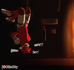 4_toes absurd_res barefoot bondage bound bulge clothed clothing conveyor_belt feet fire foot_fetish gag gagged hair heat_(temperature) hi_res industrial male mask ollieotty partially_clothed peril plantigrade rope struggling submissive_male superhero suspension tail the_imp tight_clothing toes upside-down