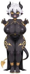 ai_generated barefoot black_white_body claws claws_out demon demon_girl horns huge_breasts sharp_teeth short short_hair shortstack solo_female tattoos thick_thighs tomboy tongue white_hair