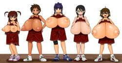 5girls areolae big_breasts boxers breast_chart breast_comparison breast_size_difference breast_suppress breasts breasts_bigger_than_head breasts_bigger_than_torso breasts_together color comparison dark_skin erect_nipples female female_only footwear front_view gigantic_breasts glasses height_difference huge_breasts hyper_breasts large_areolae lineup long_breasts long_hair magister_(bigbakunyuu) multiple_girls nipples presenting_breasts puffy_areola puffy_nipples shortstack small_but_busty smile sneakers sport_shorts sports sportswear tan top_lift topless wide_image