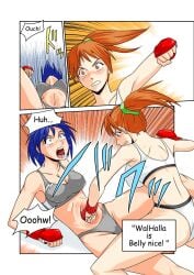 2girls abdomen anime anime_style ass barefoot belly belly_bulge belly_punch blue_eyes blue_hair bra color colored doujinshi feet female female_focus female_only fisting half-dressed half_naked kick kicking long_hair medium_breasts open_mouth orange_eyes orange_hair panties ryona saliva saliva_drip saliva_string saliva_trail short_hair soles thick_thighs thighhighs tied_hair underwear white_skin