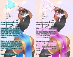 2d 2d_(artwork) arched_back artist_request before_and_after black_hair cum cum_in_pussy cum_leaking cum_leaking_out_of_pussy cum_under_clothes dialogue dress female female_only hazel_eyes hypnosis loincloth_dress long_hair looking_at_viewer looking_back looking_back_at_viewer prosthetic prosthetic_limb see-through_clothing side_butt solo standing talking_to_viewer tech_control text thighhighs three-quarter_portrait transparent_clothing visor