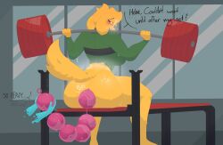 absurd_res anal anal_beads anal_beads_in_ass anal_sex anthro bench_press bodily_fluids breasts canid canine canis domestic_dog exercise featureless_crotch female floating_hands fur gym half_naked hi_res looking_back mammal object_in_ass penetration sex_toy sex_toy_in_ass sex_toy_insertion simple_background solo_focus speech_bubble sweat weightlifting wet workout yellow_body yellow_fur yellowhighlite