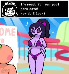 anthro big_breasts bikini black_hair black_sclera blurry_background blush blushing bow date dialogue fangs happy milffet muffet okami_tomato ponytail purple_eyes purple_skin red_skin sparkles spider spider_girl spider_web_bikini spider_web_print sunbeam text text_box tomato undertale water water_park water_slide watermark wholesome