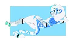 16:9 4k absurd_res anthro anus backsack balls biped blue_body blue_fur dragon fangs felid feline fluffy full-length_portrait fur furred_dragon furred_scalie genitals grey_body grey_fur happy hi_res hybrid looking_at_viewer looking_back looking_back_at_viewer lying male mammal mane mythological_creature mythological_scalie mythology nude on_side pawpads paws pinup portrait pose rear_view scalie signature slim smile smiling_at_viewer solo striped_body striped_fur stripes tail teeth trevart white_body white_fur widescreen