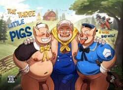 2025 anthro areola belly big_bad_wolf big_bad_wolf_(disney) biped bottomless bottomless_anthro bottomless_male bowed_string_instrument bulge canid canine canis claws clothed clothing cloud desfrog domestic_pig english_text erection erection_under_clothing eyebrows facial_hair fairy_tales flaccid flute fur genitals group hat headgear headwear hi_res humanoid_genitalia humanoid_penis looking_at_viewer male mammal monotone_body monotone_skin musical_instrument navel nipples one_eye_closed open_mouth open_smile overweight overweight_anthro overweight_male penis pink_body pink_nipples pink_penis pink_skin plant smile smiling_at_viewer string_instrument suid suine sus_(pig) tail text the_three_little_pigs tongue tongue_out tree trio_focus violin wind_instrument wolf woodwind_instrument
