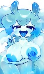 big_breasts blue grabbing_own_breast heart-shaped_pupils huge_breasts infantilette oc oppai self_upload slime slime_girl steam steaming_body steamy_breath sweat tongue tongue_out wet