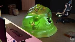 2025 3d_(artwork) absorption_vore absurd_res ambiguous_gender anthro bedroom belly big_belly big_moobs blender_(artwork) blob_creature blobby_mike_(yentrix) bodily_fluids bubble container detailed_background digestion digital_media_(artwork) dissolving english_text fatal_vore gaming_chair goo_creature green_body hi_res horn huge_belly huge_moobs inside looking_at_belly looking_down male male_pred male_prey moobs nude obese obese_anthro overweight overweight_anthro overweight_male pizza_box rexouium smile solo text tongue tongue_out translucent vore watermark yentrix yentrix_(yentrix)