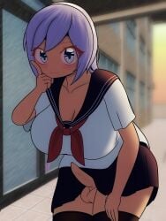 1futa balls big_breasts blue_eyes blush breasts cleavage clothed clothing collarbone dickgirl erection evening foreskin futa_only futanari intersex jenny_lunaria kinkaru mostly_clothed no_bra no_panties original penis penis_under_skirt school school_uniform schoolgirl serafuku silver_hair skirt thighhighs uncircumcised white_hair