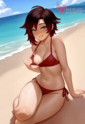 1girls 2d ai_generated ass back barefoot beach beachball big_ass big_breasts bikini black_bikini day erophoenix feet gradient_hair looking_at_viewer looking_back multicoloured_hair nipple_slip nipples outdoors pale_skinned_female patreon_username red_hair ruby_rose rwby short_hair sitting sky smile soles solo swimsuit two-tone_hair umbrella uncensored