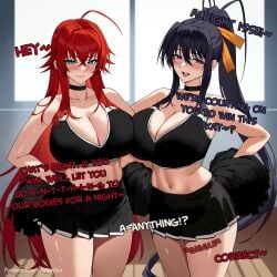 2girls ai_generated akeno_himejima bare_arms bare_legs bare_shoulders bare_thighs big_breasts black_hair blue_eyes blush cheerleader cheerleader_uniform clothed clothing color english_text female female_focus female_only helltoyou hi_res high_school_dxd large_breasts light-skinned_female light_skin long_hair looking_at_viewer red_hair rias_gremory solo_female text thick_thighs