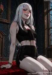 ai_generated arm_support bangs bare_shoulders bed between_breasts black_shorts blue_eyes blush bracelet breasts bulge candle carmilla_(castlevania) castlevania castlevania_(netflix) clothing condom crop_top english_text erection fangs female female futanari indoors jewelry jousneystudio long_hair looking_at_viewer makeup medium_breasts midriff nail_polish naughty_face navel open_mouth original pale_skin penis precum red_nails shirt short_shorts shorts sitting sleeveless small_breasts smile solo teeth thighs tongue trembling vampire white_hair window