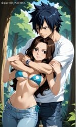 1boy ai_generated bikini_top cana_alberona clothed couple day fairy_tail female forest friends gray_fullbuster hug_from_behind jeans male no_sex sexy_female standing