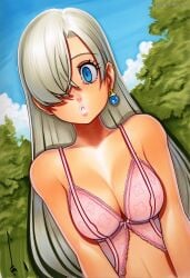 2025 ai_generated artist_name blue_eyes breasts cleavage crazyfishbones day earrings elizabeth_liones female hair_over_one_eye jewelry long_hair solo