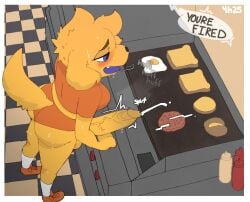 anthro appliance balls bodily_fluids bread breasts burger canid canine canis clothing cum cum_on_food domestic_dog egg food fur futanari genital_fluids genitals intersex ketchup kitchen_appliance mammal mayonnaise open_mouth penis solo sweat tail tile toast vein veiny_penis whiskey_(yellowhighlite) yellow_body yellow_fur yellowhighlite