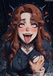 1boy ahe_gao ai_generated bangs blush breast_grab breasts brown_hair castlevania castlevania_(netflix) choker clothing dress ear_blush earrings english_language english_text fangs female female grabbing grabbing_another's_breast groping guided_breast_grab guiding_hand heart heart-shaped_pupils indoors jewelry jousneystudio large_breasts lenore_(castlevania) lips long_hair long_sleeves looking_at_viewer looking_up male necklace nipples open_mouth original penis pointy_ears pov_hands red_eyes rolling_eyes saliva sex shirt smile solo_focus straight sweat symbol-shaped_pupils teeth text tongue tongue_out torn_clothes trembling upper_teeth vampire wavy_hair