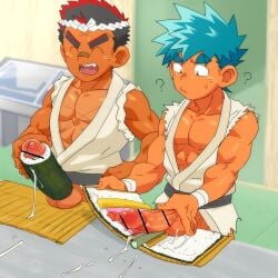 1:1 2boys ? abs after_orgasm ball_squish bandage bandaged_wrist bare_breasts beefy biceps big_hands big_head big_penis blurry_background bottomless censor_bar censored censored_penis closed_eyes collarbone confused cross_scar cum cum_drip cum_on_balls cum_on_food cum_splatter cum_string cyan_hair dripping dripping_cum erection food food_on_penis food_play frown gay hachimaki headband hi_res holding_penis huge_cock indoors judo kitchen laugh long_penis male male_only mature_male muscles muscular muscular_arms muscular_male okulain open_clothes original original_character pecs pointless_censoring red_glans red_hair retracted_foreskin rice rolled_up_sleeves scar scar_on_chest scar_on_face scar_on_forehead semen short_hair small_pupils spiky_hair squish standing sticky_cum sushi tan tan_body tanline thick_eyebrows thick_penis torn_clothes tough_guy triceps uncircumcised uncut veiny_penis wrapping yaoi young